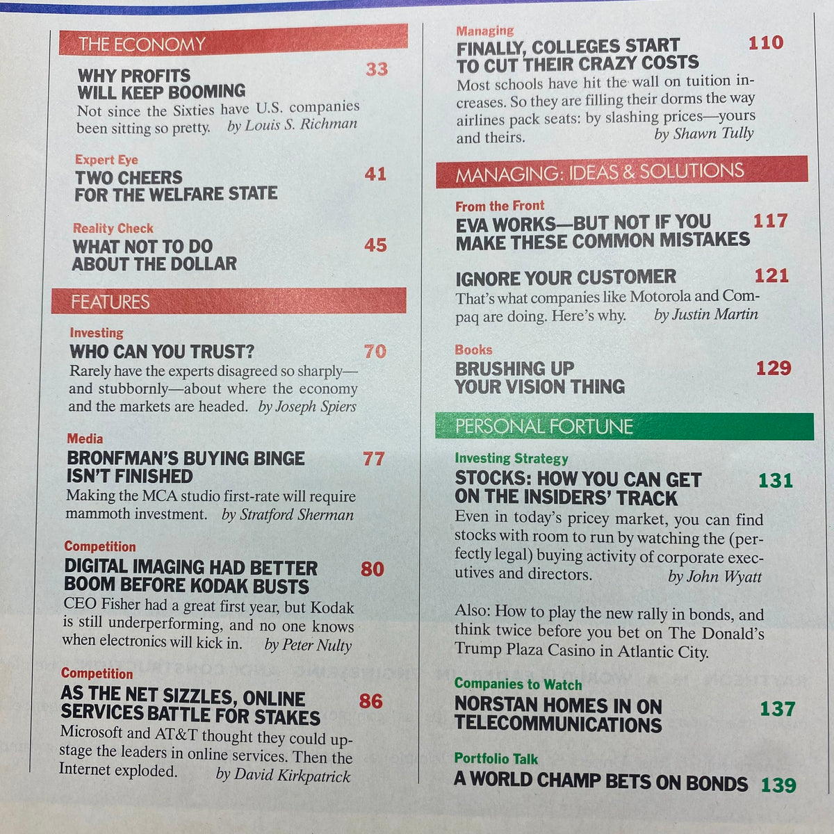 Fortune Magazine May 1, 1995 featuring Sergio Zyman, Marketer and Executive. A detailed table of contents highlighting articles on the economy, management ideas, and features in the magazine.