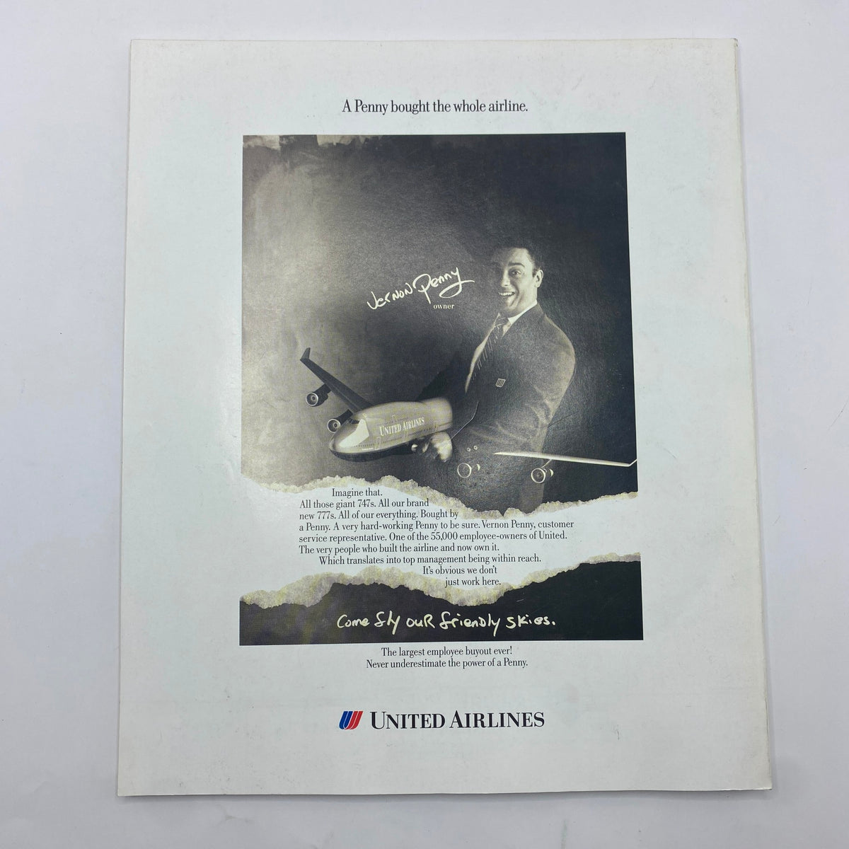 Fortune Magazine May 1, 1995 featuring Sergio Zyman, Marketer and Executive. An advertisement for United Airlines, showcasing Vernon Penny, emphasizing customer service and the concept of employee ownership.