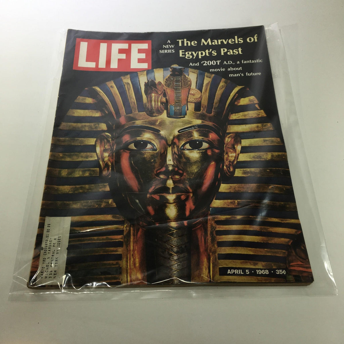 Cover of Life Magazine from April 5, 1968, featuring the title 'The Marvels of Egypt's Past,' showcasing a striking image of an ancient Egyptian artifact with golden hues against a striped background, encapsulating the cultural intrigue of the era.