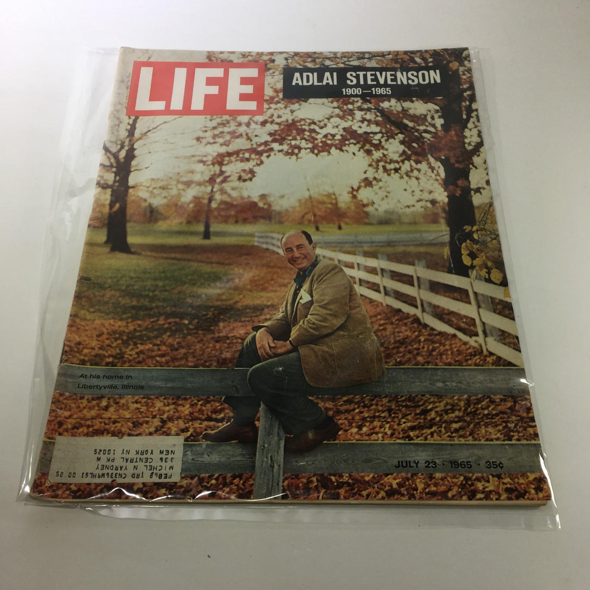 Life Magazine July 23 1965 edition featuring Adlai Stevenson, a prominent political figure, sitting on a fence in Libertyville, Illinois, surrounded by autumn scenery.