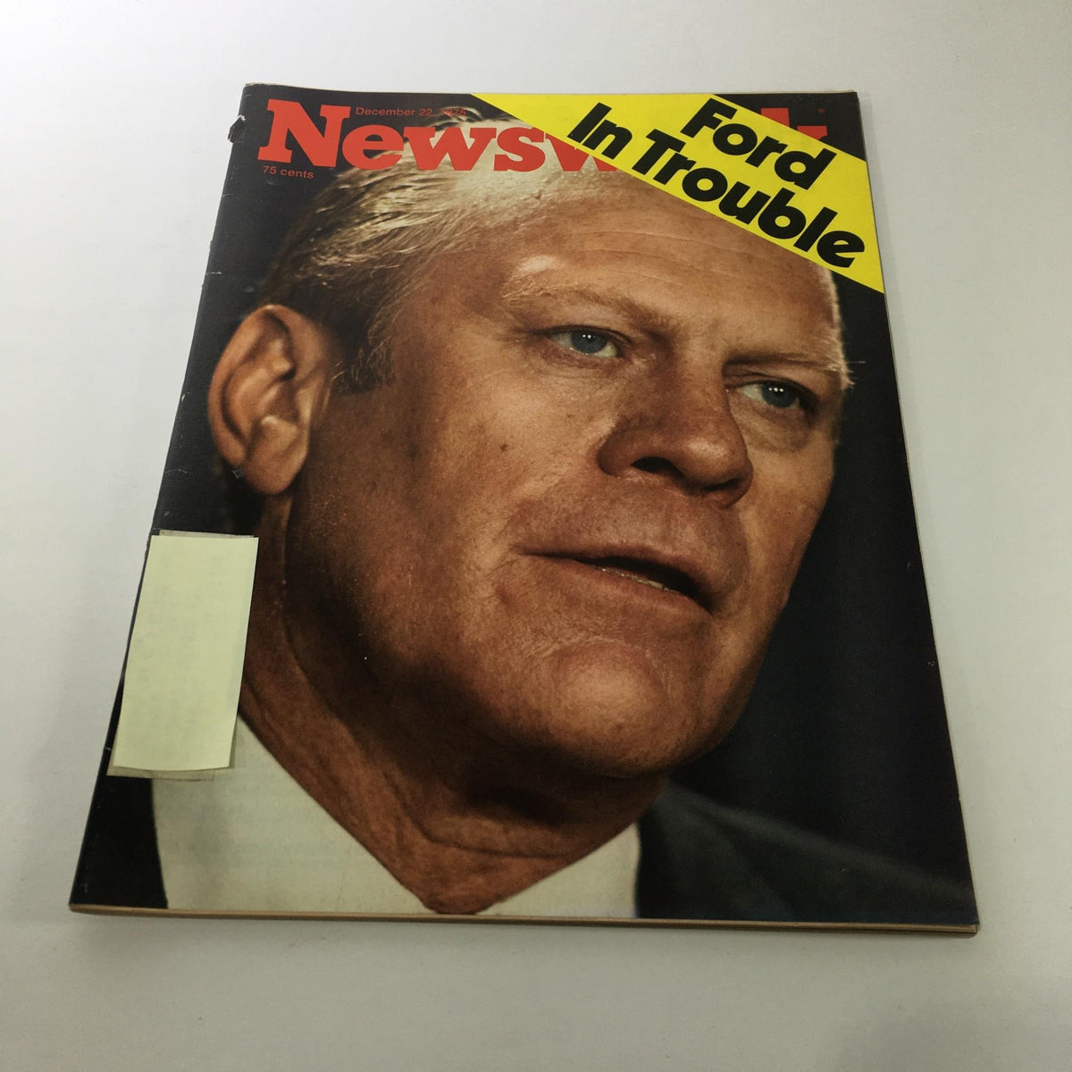 Cover of Newsweek Magazine December 22, 1975, featuring the headline 'Gerald Ford In Trouble' with a close-up photograph of President Gerald Ford, showcasing the expressions and features of Ford against a backdrop of political turmoil.