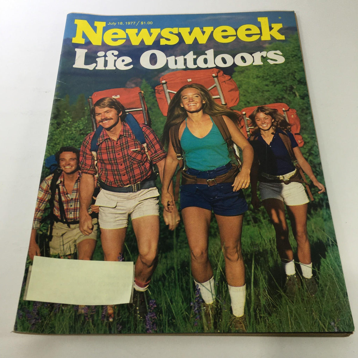 Cover of VTG Newsweek Magazine: July 18 1977 - Life Outdoors featuring four hikers with backpacks in a lush green landscape.