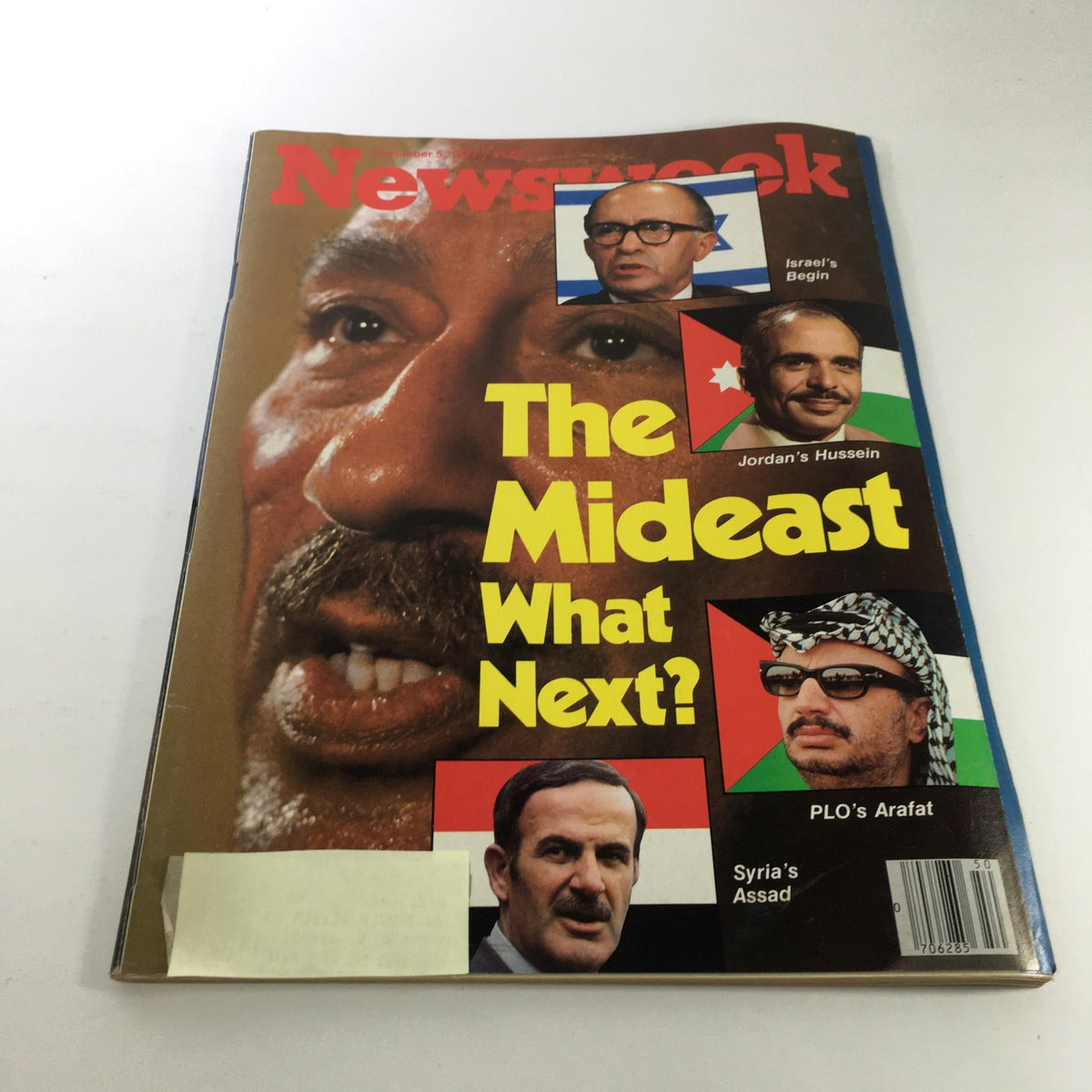 Cover of Newsweek Magazine from December 5, 1977, featuring the article 'The Mideast: What Next?' with images of prominent Middle Eastern leaders, including Menachem Begin, King Hussein of Jordan, Yasser Arafat, and Hafez al-Assad.