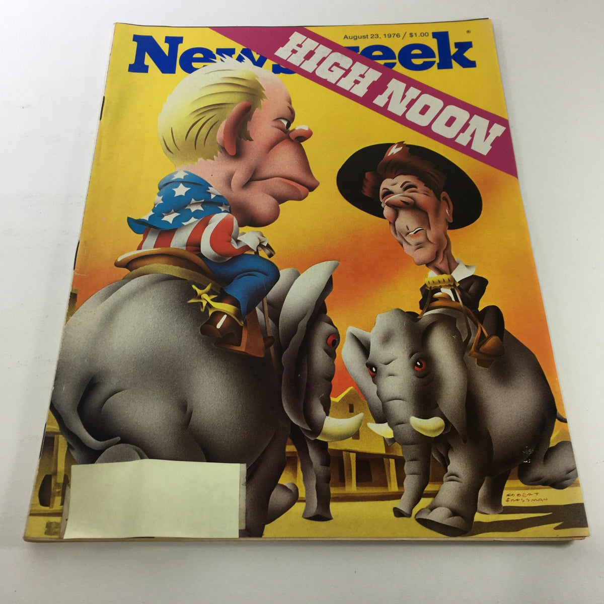 VTG Newsweek Magazine cover from August 23, 1976 featuring the headline 'High Noon' with caricatures of two political figures on elephants.