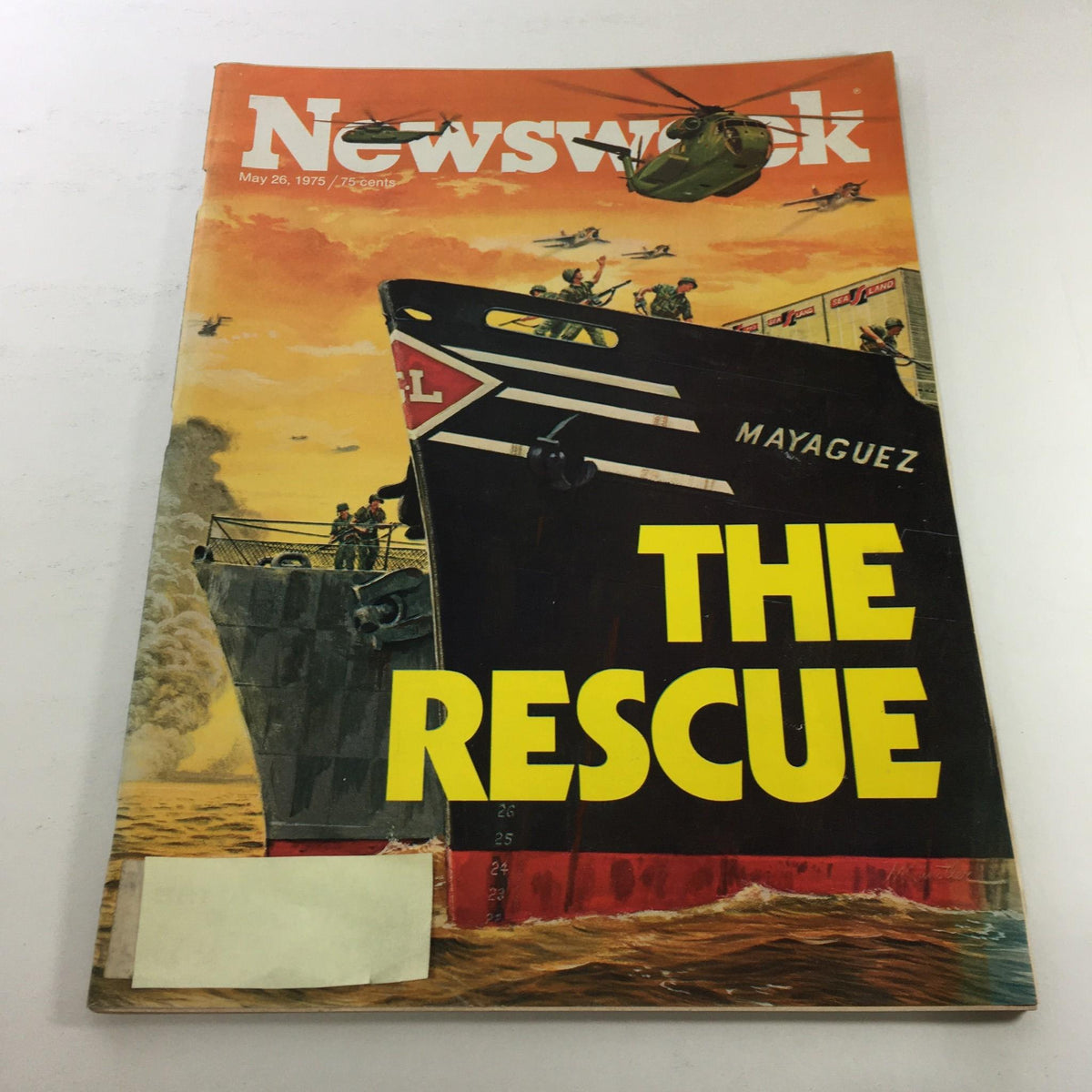 Cover of Newsweek Magazine from May 26, 1975, titled 'The Rescue', featuring an illustration of a military operation with helicopters and ships, showcasing historical significance.