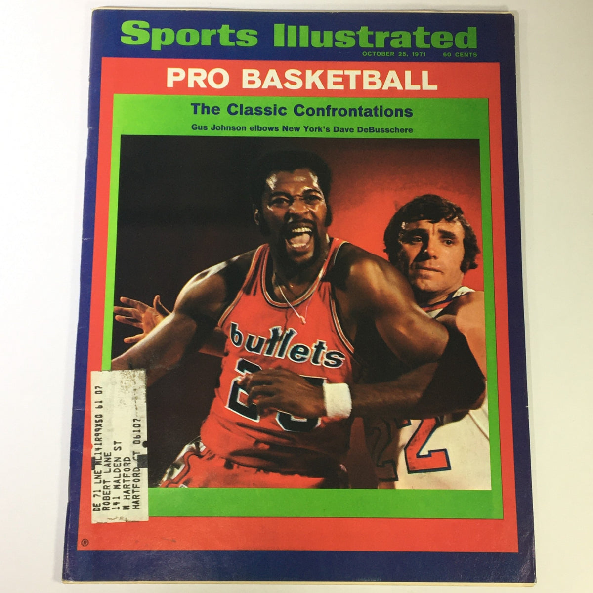 Cover of Sports Illustrated Magazine from October 25, 1971, featuring Gus Johnson in a Bullets jersey and Dave DeBusschere. The magazine highlights pro basketball and iconic moments in sports history.