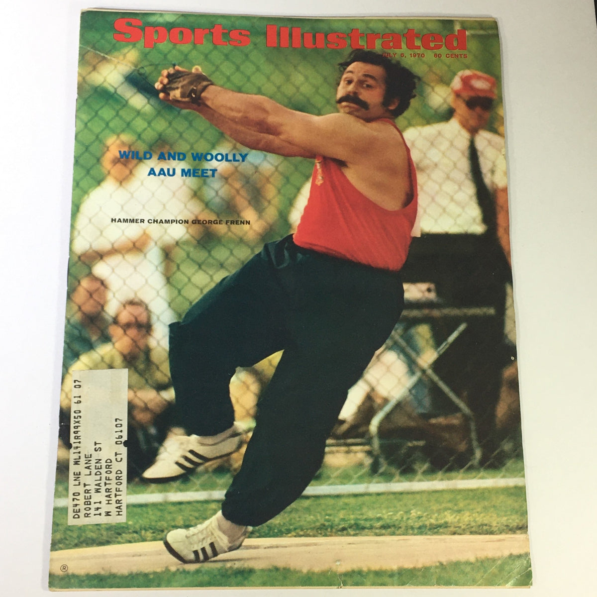 Vintage Sports Illustrated Magazine cover from July 6, 1970 featuring Hammer Champion George Frenn at the AAU Meet. The magazine includes an eye-catching image of Frenn showcasing his athletic prowess.
