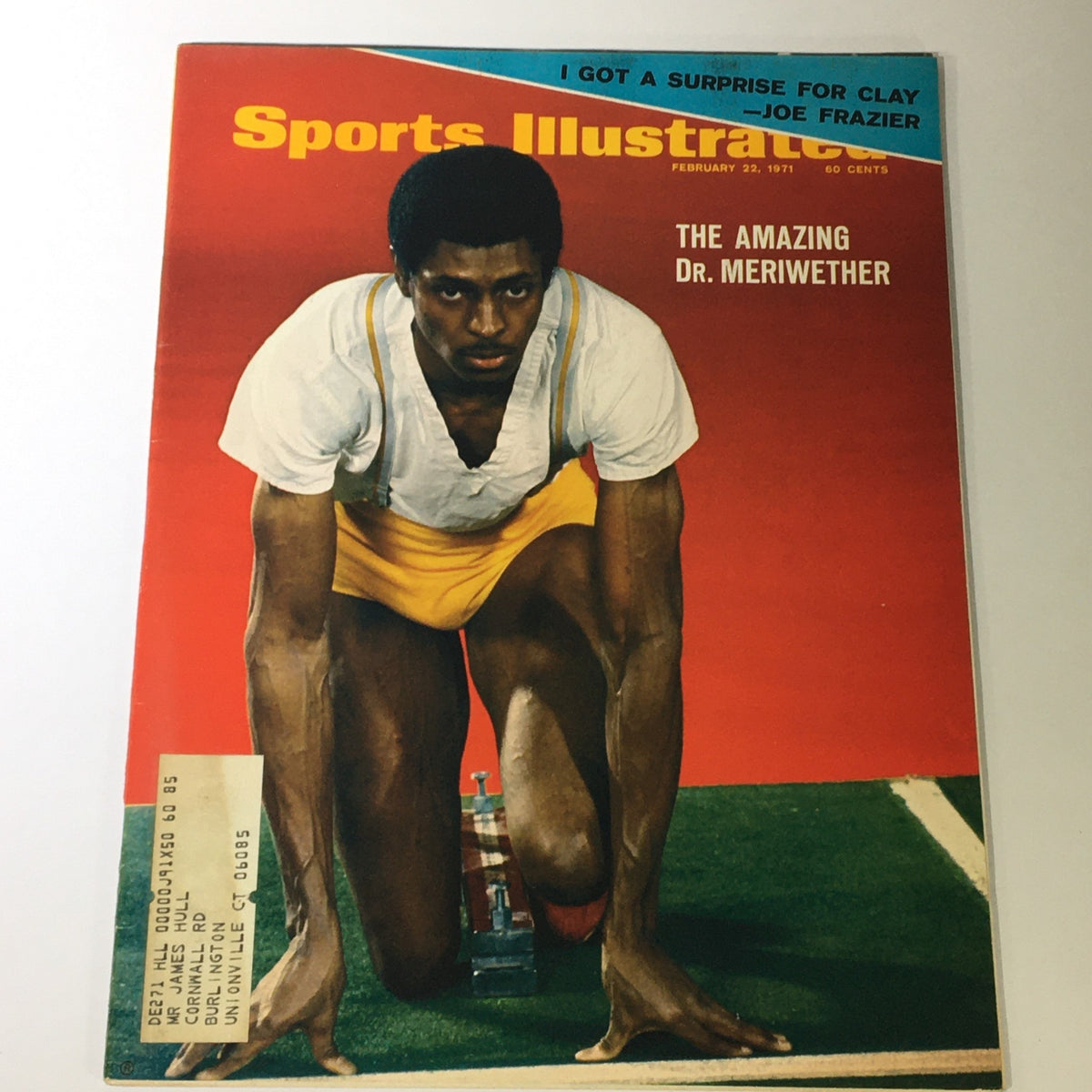 Vintage Sports Illustrated Magazine cover from February 22, 1971 featuring Delano Meriwether in athletic attire, positioned at the starting line. The title highlights Joe Frazier with the quote 'I Got A Surprise For Clay', capturing the excitement of early 1970s sports culture.
