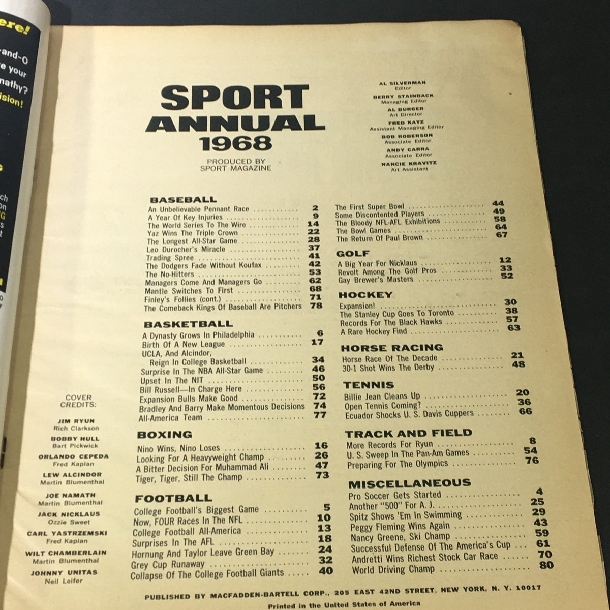 Contents page of the VTG Sport Annual 1968 magazine produced by Sport Magazine, featuring sections on baseball, basketball, boxing, football, and more. Highlights notable athletes including Jim Ryun, Bobby Hull, and Orlando Cepeda.