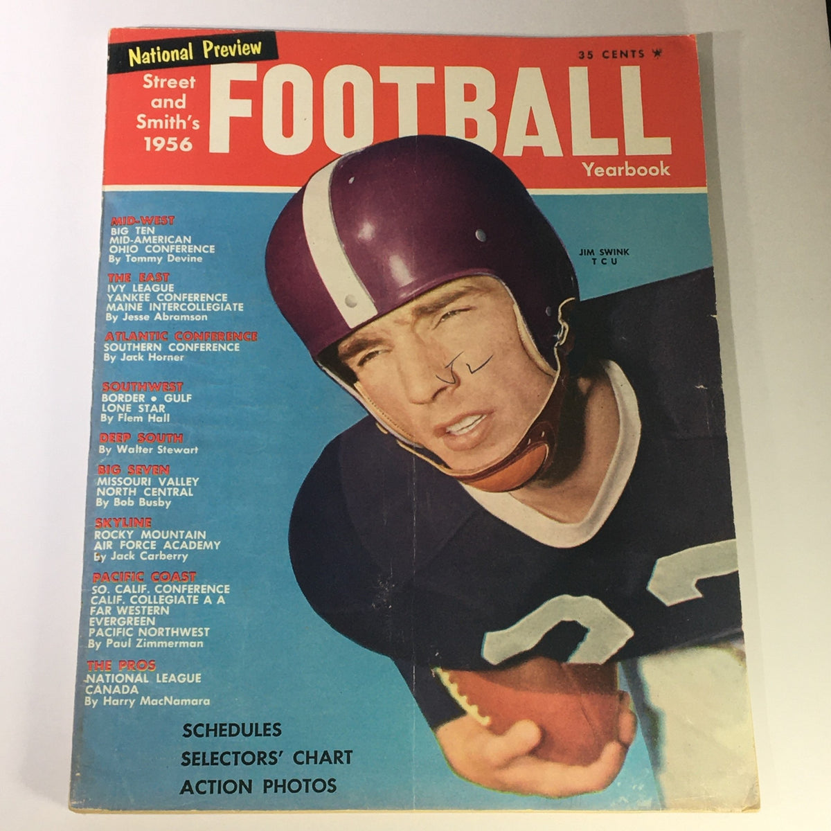 VTG Street & Smith's 1956 Football Yearbook cover featuring James Edward Swink from T.C.U., showcasing a vintage football design with a player in a helmet.