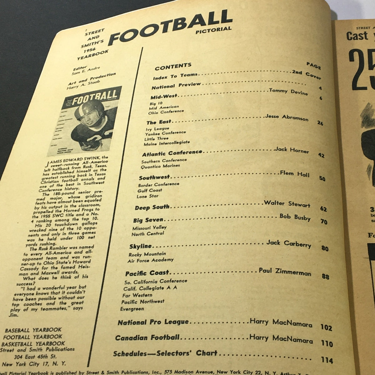 Inside page of the VTG Street & Smith's 1956 Football Yearbook, displaying the table of contents and details of the edition, highlighting its historical significance.
