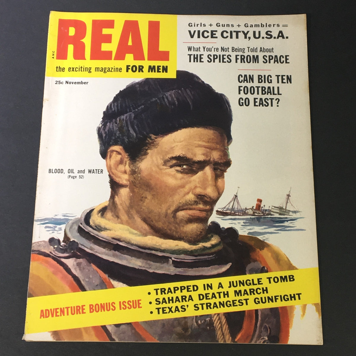 VTG Real for Men Magazine November 1954 featuring the cover story 'Trapped in a Jungle Tomb'. The magazine showcases an adventure theme with an illustrated man and highlights articles on exploration and thrill. Perfect for vintage magazine collectors.