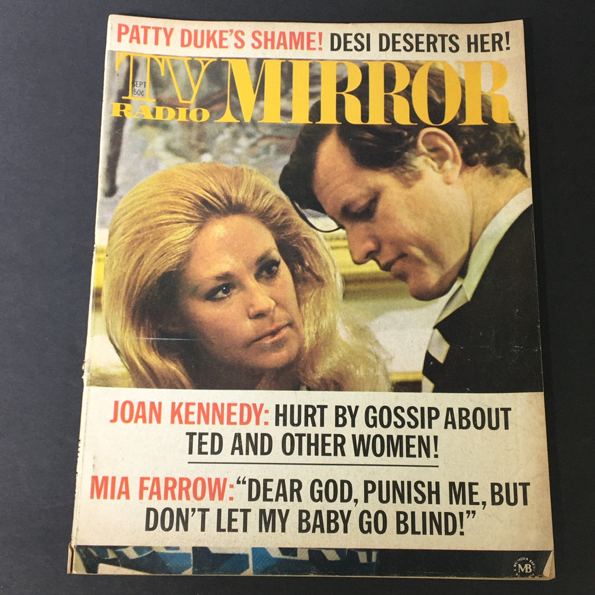Vintage TV Radio Mirror Magazine from September 1971 featuring Joan Kennedy and Mia Farrow on the cover, showcasing cultural icons and headlines about their personal stories.
