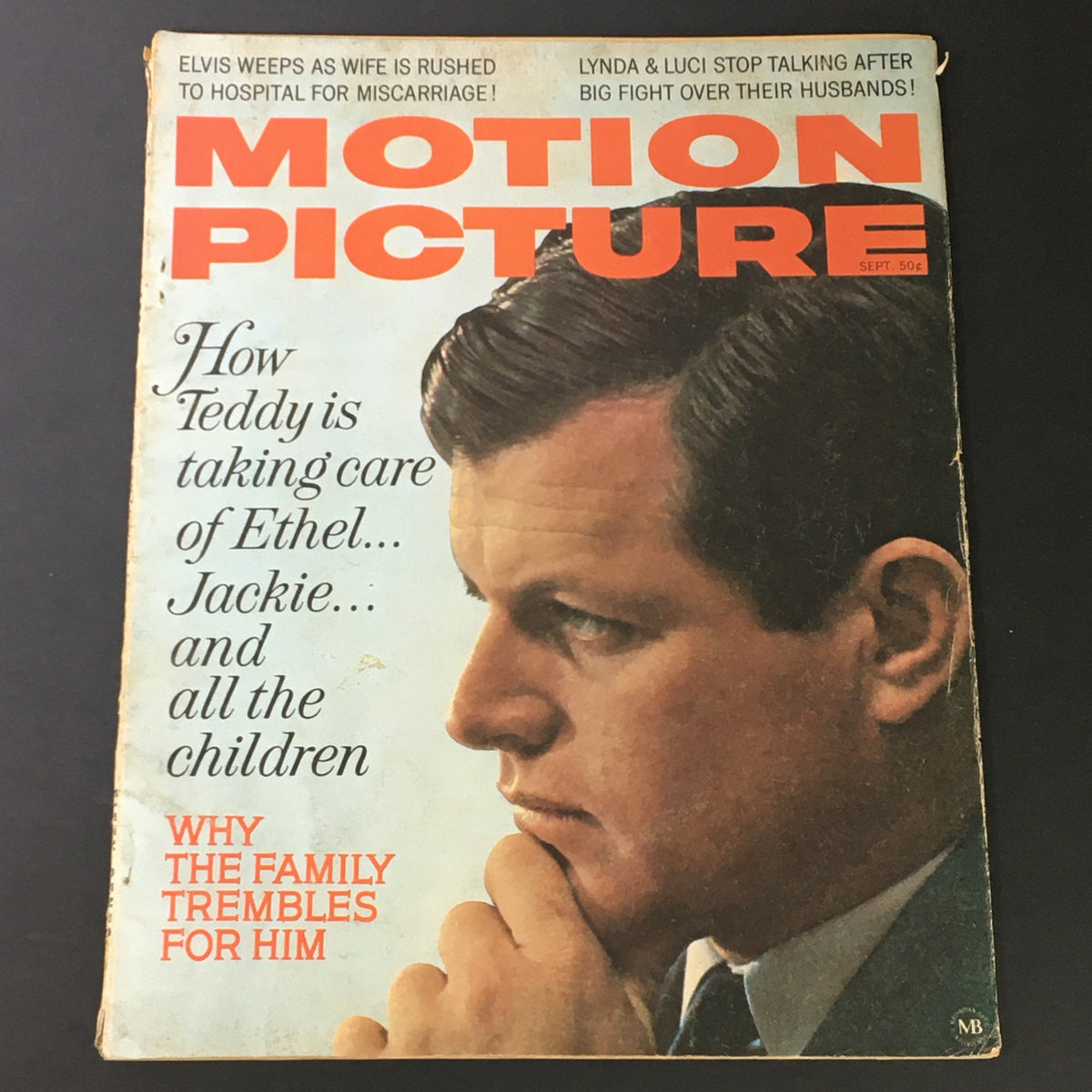 Cover of VTG Motion Picture Magazine from September 1968 featuring Teddy Kennedy, with a focus on his thoughtful expression and headlines regarding family and entertainment.