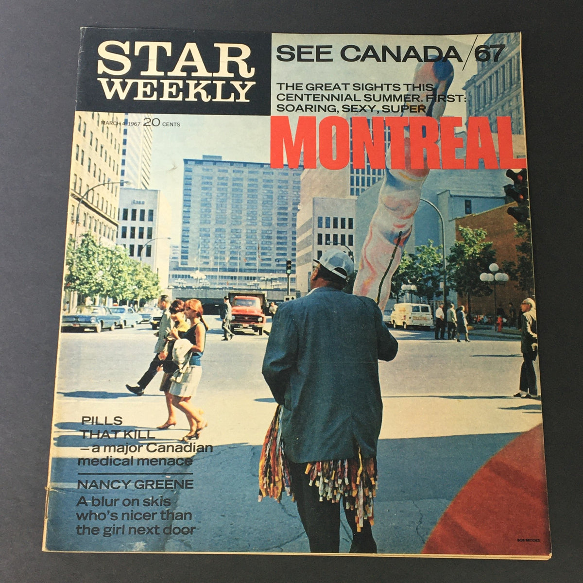 VTG Star Weekly Magazine March 4 1967 featuring Nancy Greene on the cover, showcasing Montreal cityscape, with vibrant streets and people, a collectible piece of history.