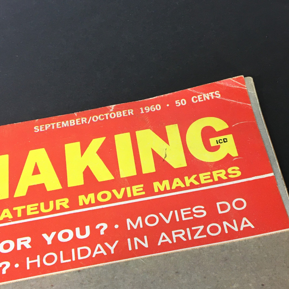 Close-up of the title of VTG Better Movie Making magazine, September-October 1960, highlighting text about amateur movie making and content related to holidays in Arizona.