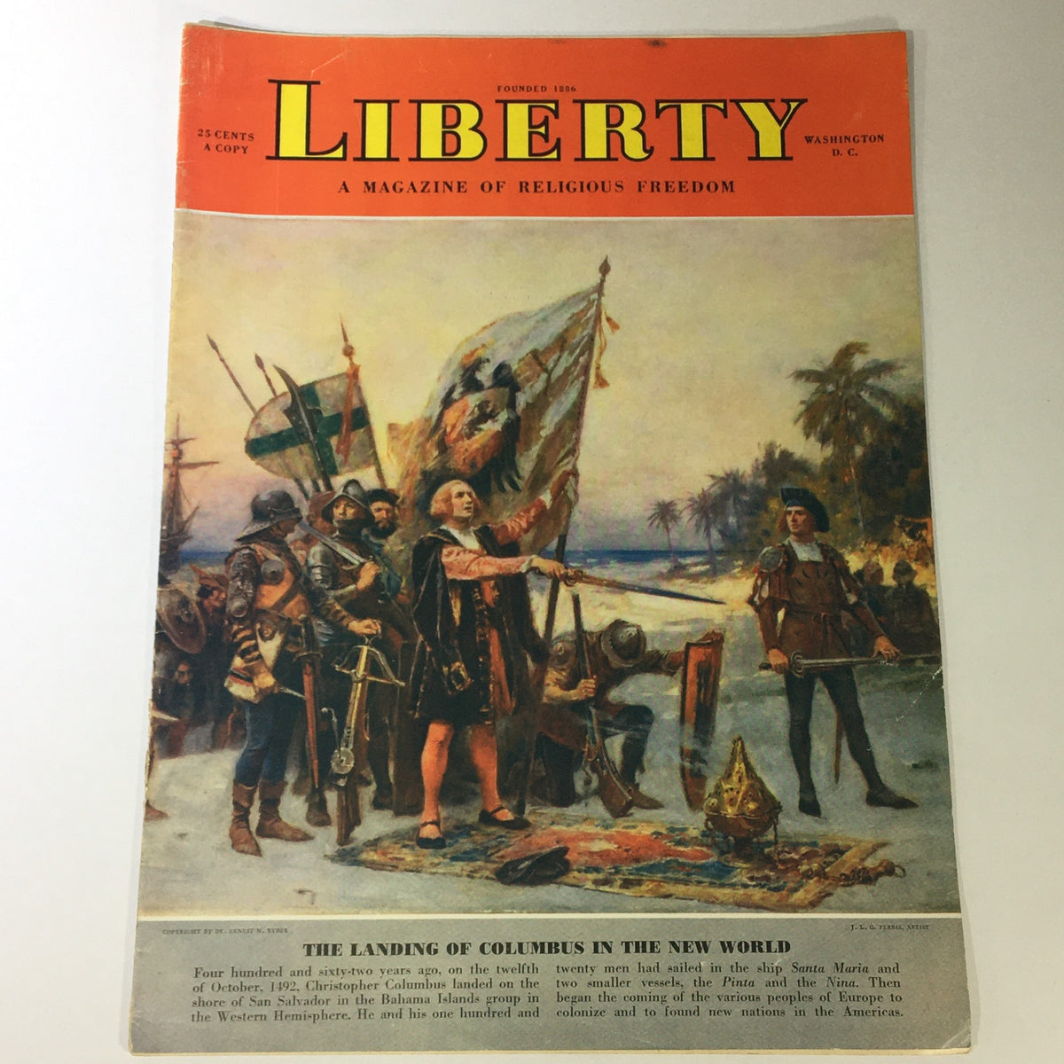 Cover of VTG Liberty Magazine 1954 Vol 49 #4 featuring 'The Landing of Columbus In The New World', showcasing historical art and text.