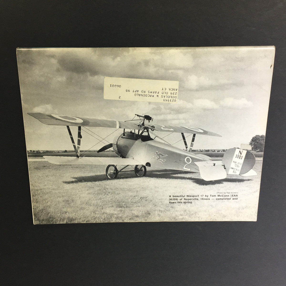 Black and white photograph of a Nieuport 17 biplane, as featured in Vintage Sport Aviation Magazine September 1974 by Tom McCann.