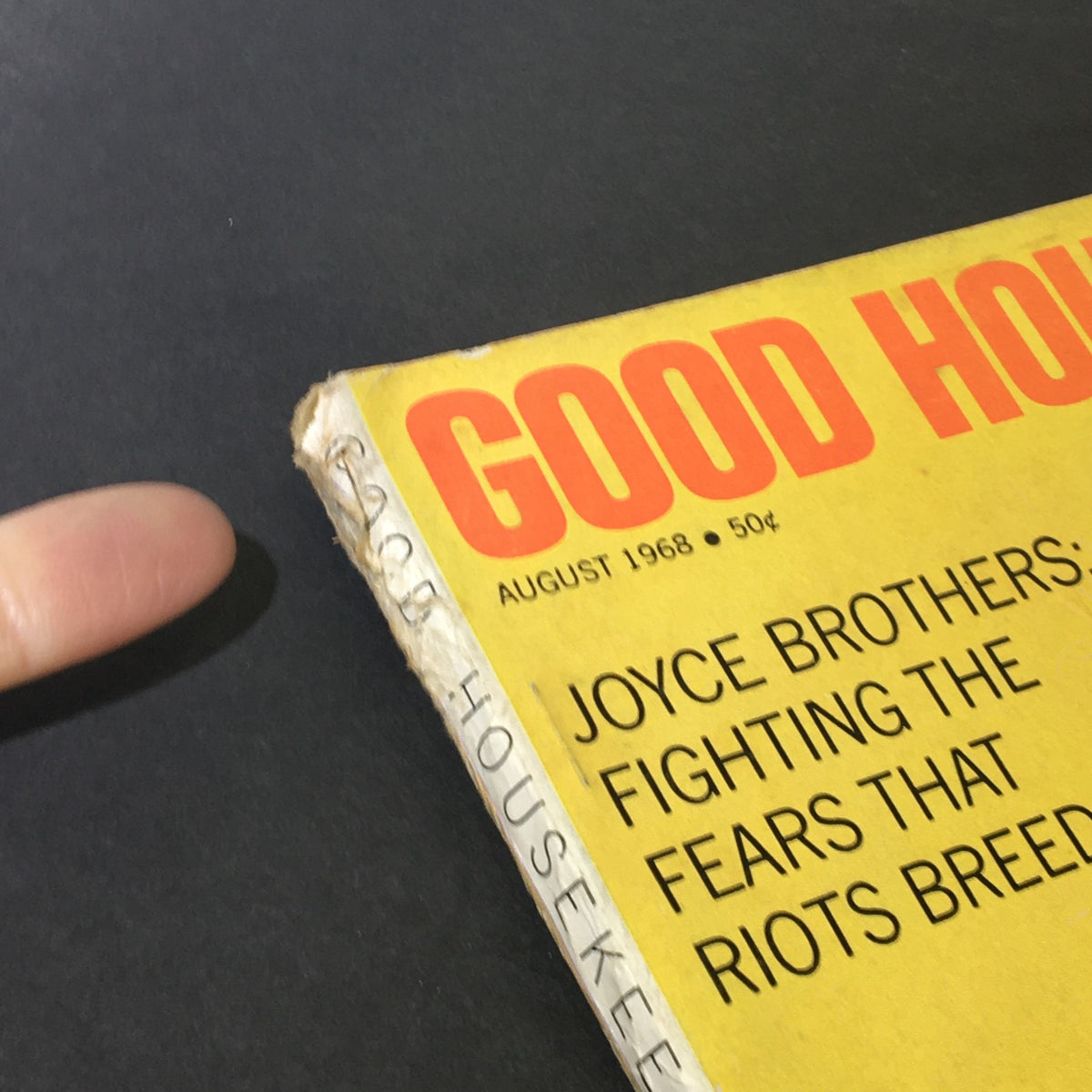 Detailed view of the Good Housekeeping Magazine from August 1968 showing the corner wear and title with focus on Joyce Brothers.
