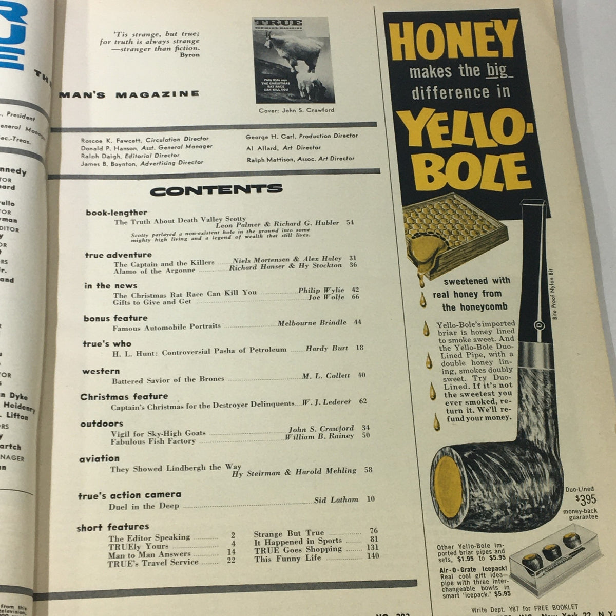 Contents page from VTG True The Man's Magazine December 1960 Vol 41 featuring articles including 'The Rat Race Can Kill' by Philip Wylie and advertisements such as Yello-Bole pipe tobacco.
