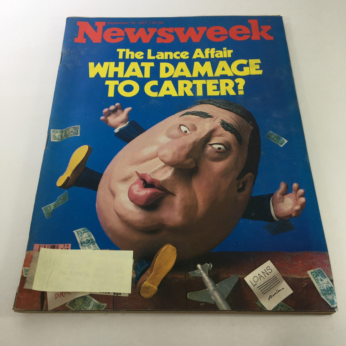 Cover of Newsweek Magazine from September 19, 1977, titled 'The Lance Affair - What Damage to Carter?', featuring a caricature of a chubby man with exaggerated features surrounded by dollar bills and a small airplane, capturing the era's political intrigue.