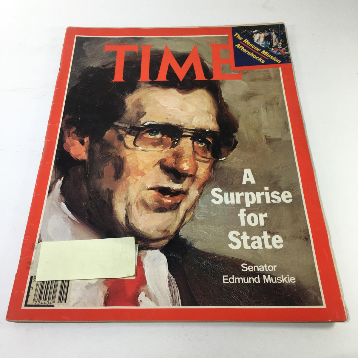Cover of Time Magazine dated May 12, 1980, featuring Senator Edmund Muskie with the headline 'A Surprise for State'. The magazine showcases a portrait of Muskie, emphasizing its vintage appeal and significance in American political history.