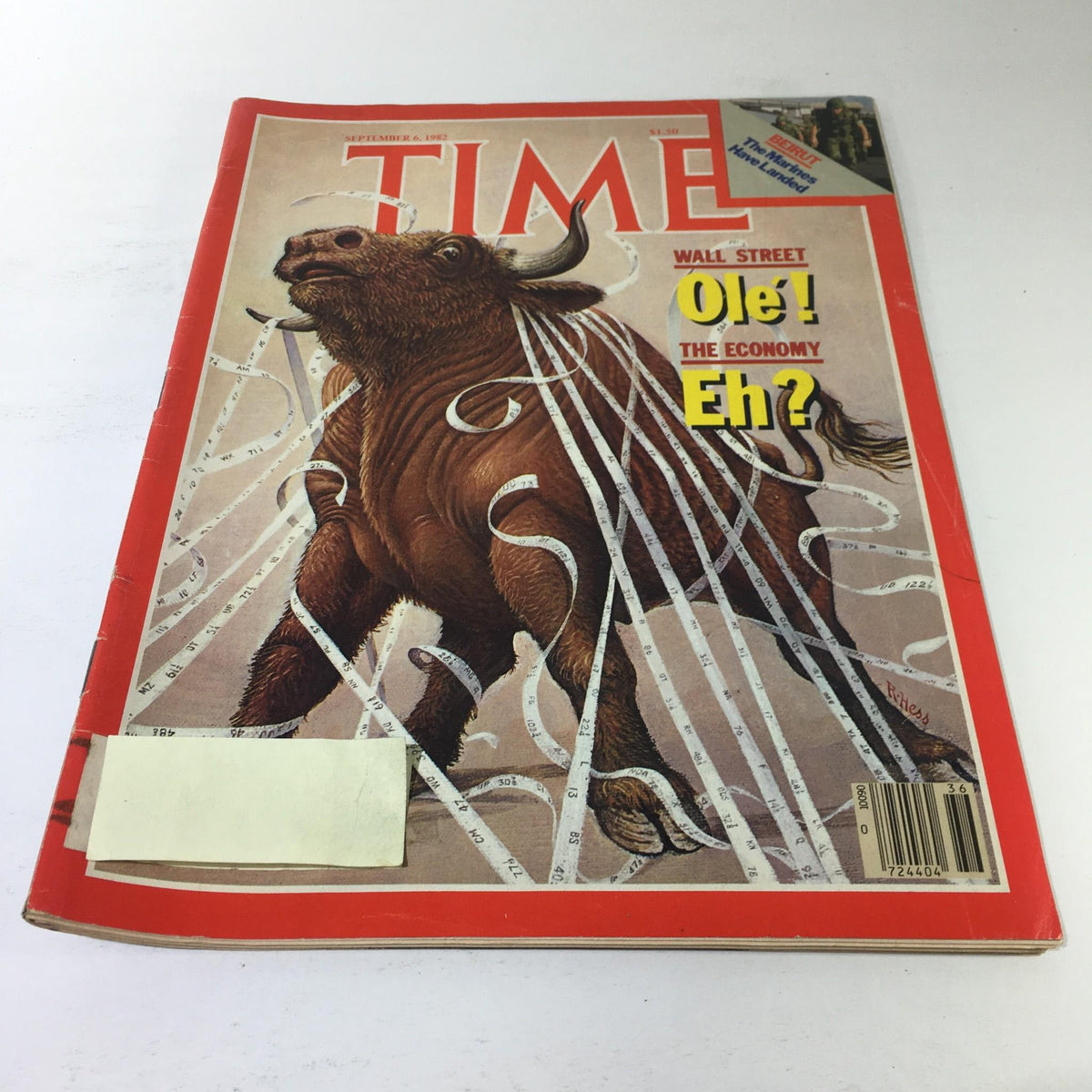 Cover of Time Magazine: September 6, 1982, featuring an illustration of a bull with measurement tape, highlighting the cover story 'Wall Street Ole! & The Economy Eh?'. This vintage magazine is a collectible piece showcasing the economic landscape of the early 1980s.