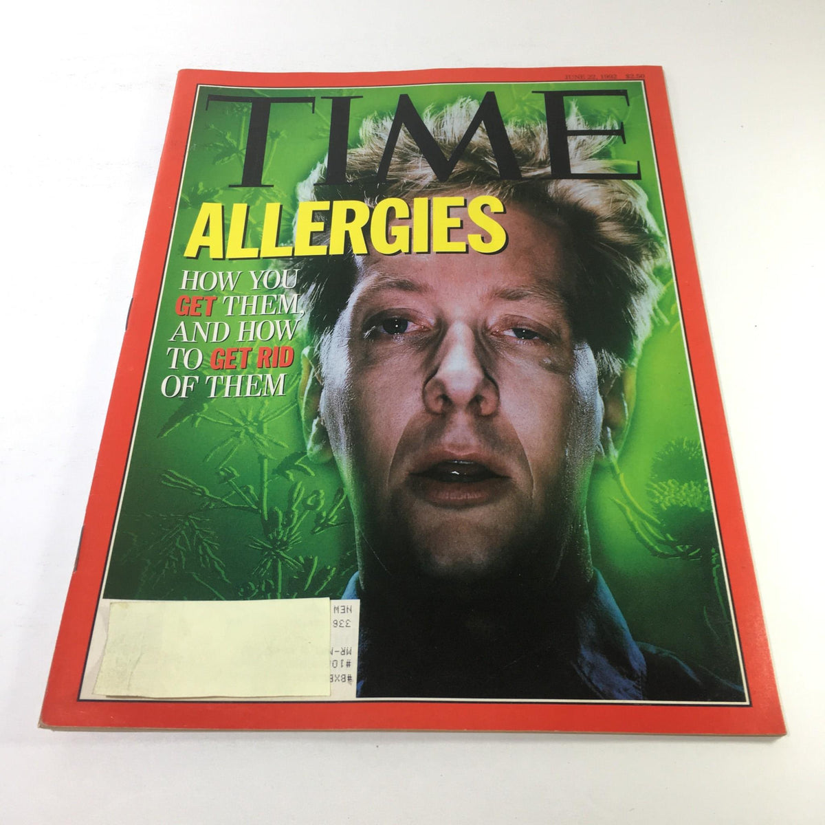 Time Magazine cover from June 22, 1992, featuring the title 'Allergies: How You Get Them and How to Get Rid of Them'. The cover displays a close-up image with a subject's face against a green background, emphasizing the topic of allergies.