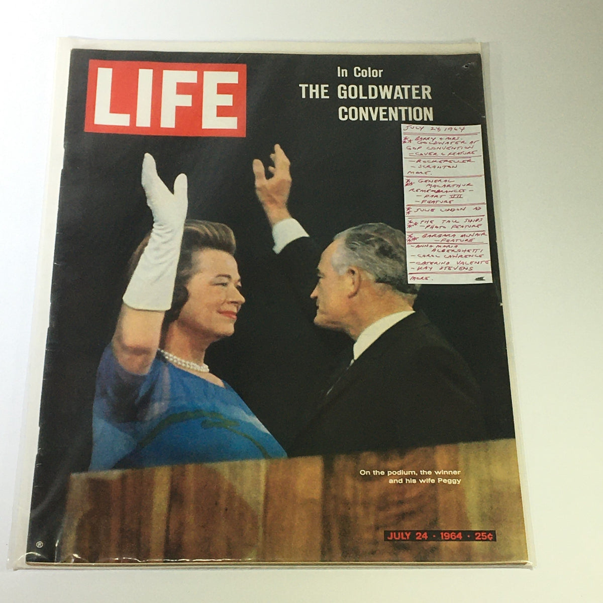 VTG Life Magazine July 24 1964 cover featuring Barry and Margaret Goldwater at the GOP convention, with handwritten notes attached for added historical context.