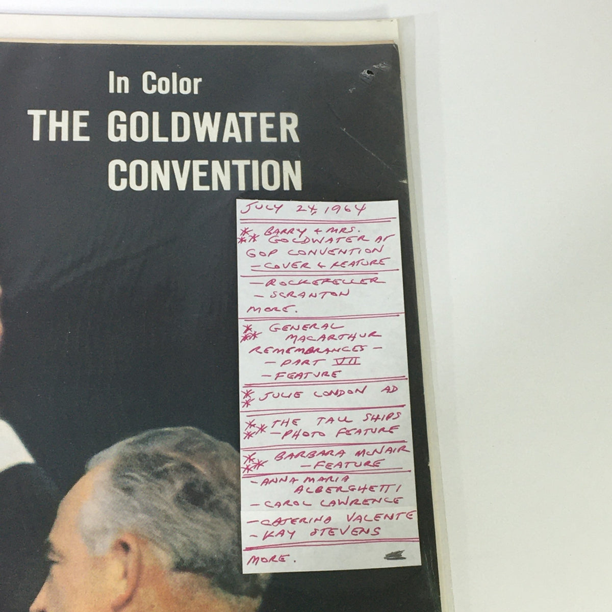 VTG Life Magazine July 24 1964 cover featuring Barry and Margaret Goldwater at the GOP convention, showing a close-up of the detailed inner cover notes.