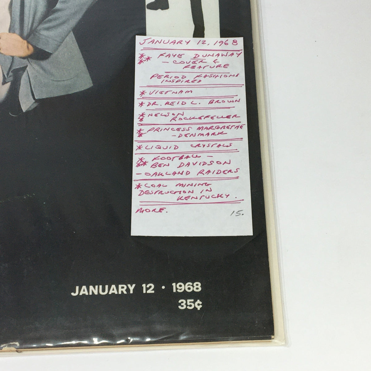 Inside page of VTG Life Magazine January 12 1968, with annotations and notes related to Kaye Dunaway cover feature.