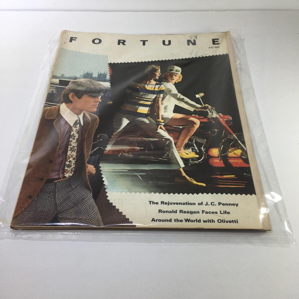 Cover of Fortune Magazine from July 1967 featuring articles on the rejuvenation of J.C. Penney and Ronald Reagan, showcasing vibrant 1960s fashion and design.