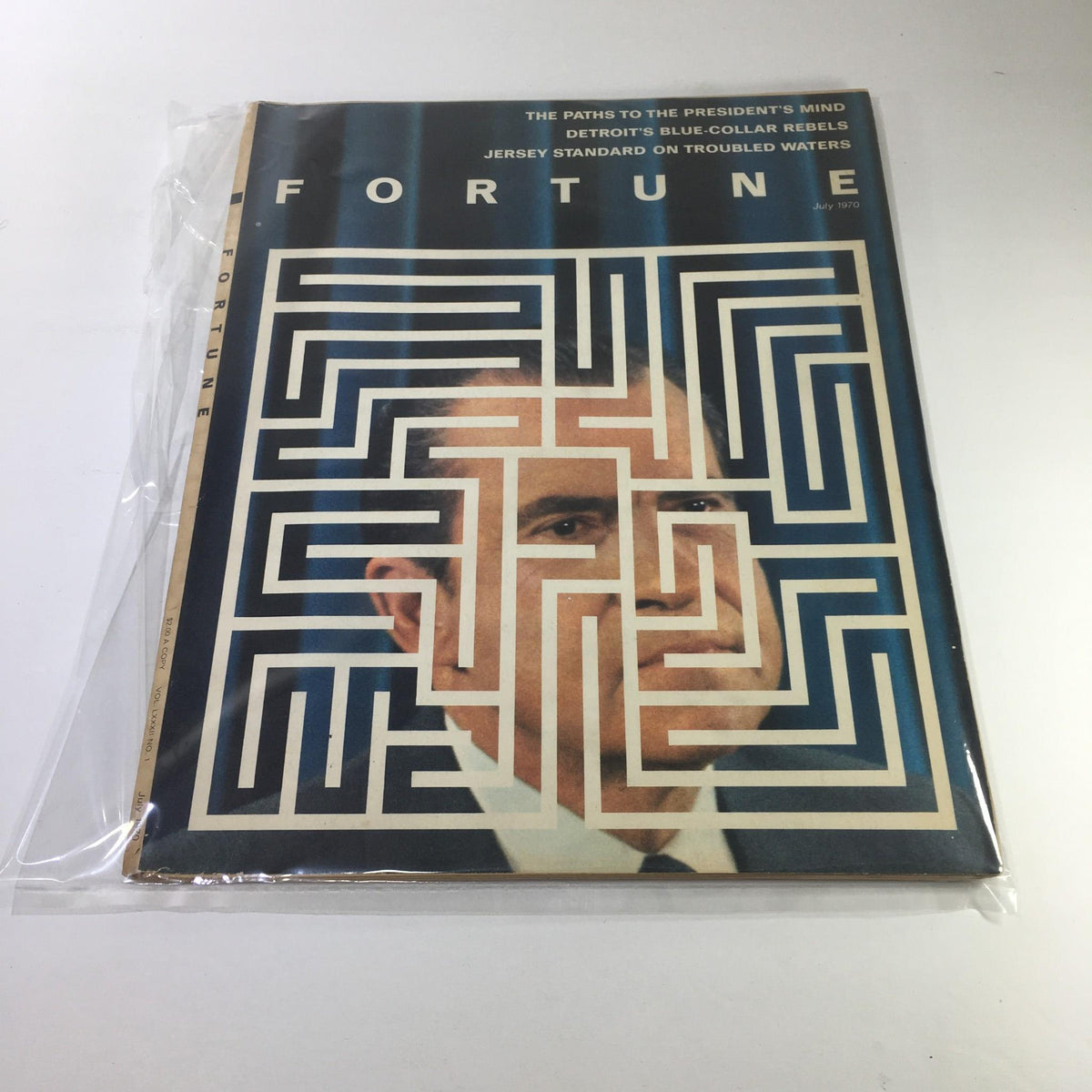 Fortune Magazine July 1970 cover featuring an article titled 'The Paths To The President's Mind: Richard Nixon', showcasing a graphic design with a maze overlaid on a portrait of Nixon, depicting political themes.