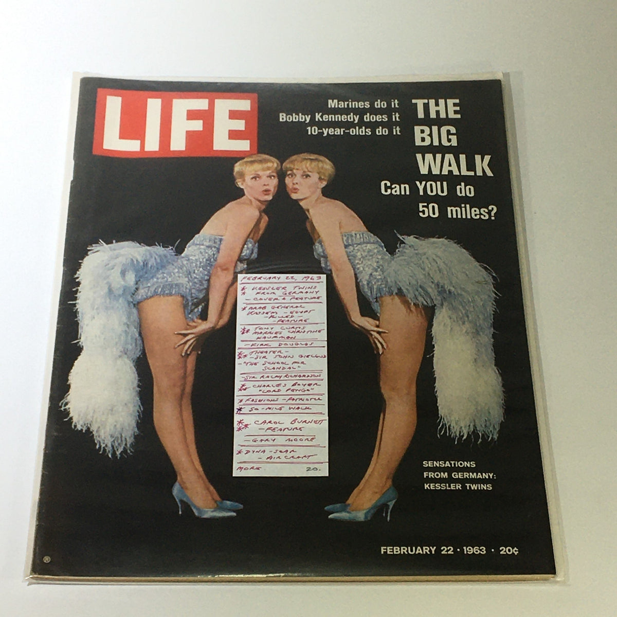 VTG Life Magazine February 22, 1963 with a close-up of the cover, highlighting the Kesler Twins from Germany and handwritten notes on the magazine.