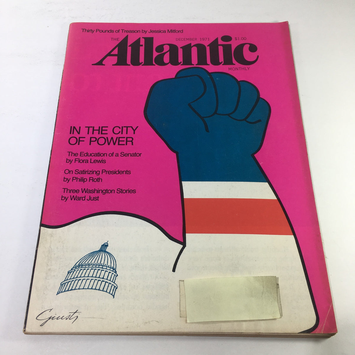 Cover of The Atlantic Magazine: December 1971 featuring a bold graphic illustration of a raised fist with the title 'In The City of Power' and articles including 'The Education of a Senator' by Flora Lewis, priced at $1.00.