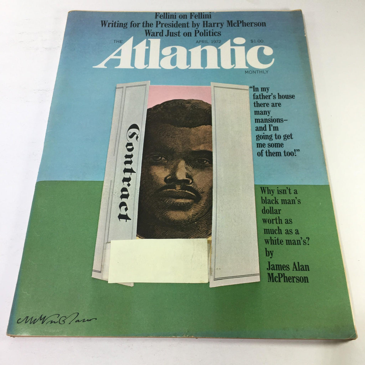 The Atlantic Magazine, April 1972 issue featuring 'Writing For The President' by Harry McPherson. The cover depicts a bold graphic design with an illustration of a man and text addressing themes of racial inequality. Perfect for collectors and enthusiasts of historical magazines.