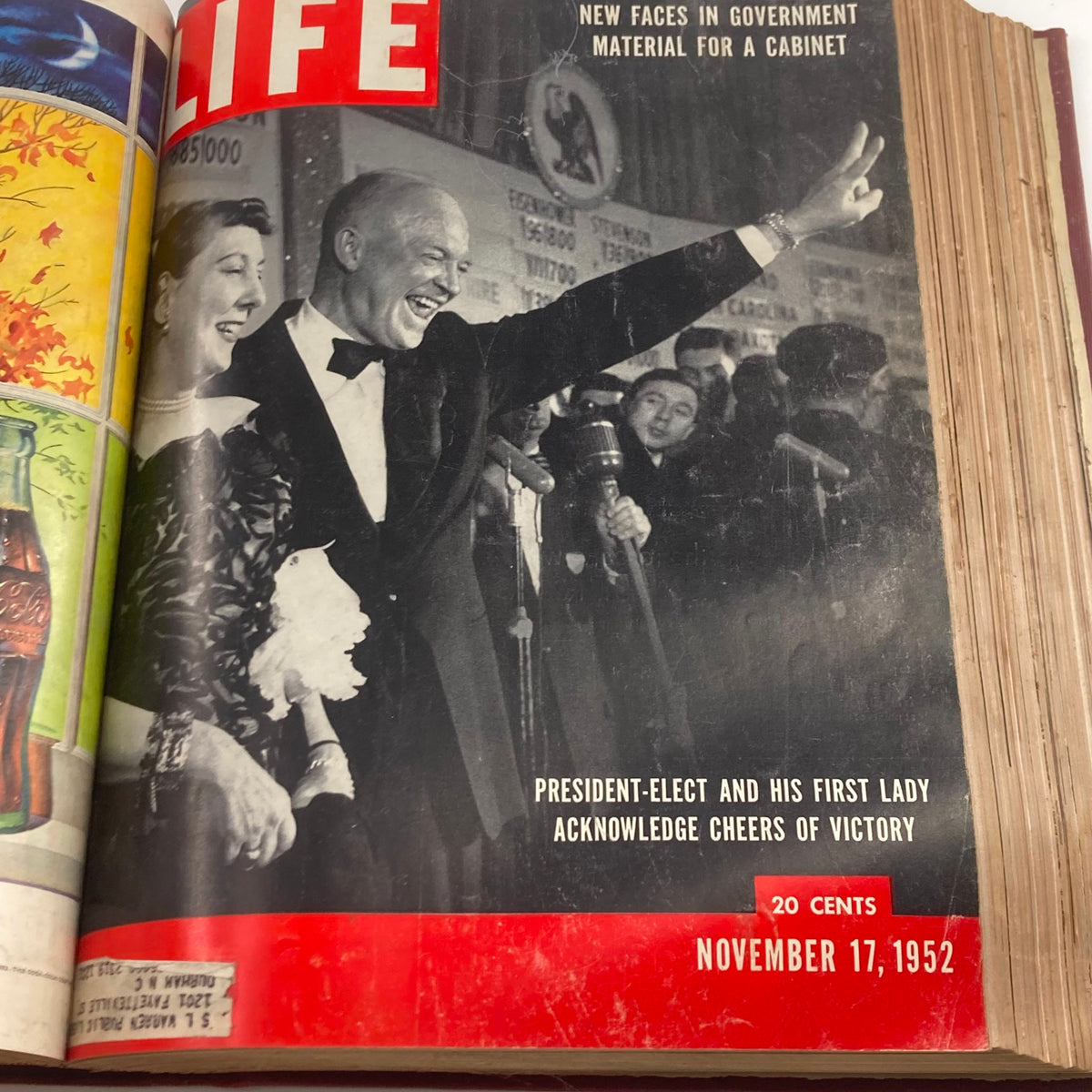 Cover of VTG 1952 Bound Life Magazine depicting President-elect Dwight Eisenhower and his First Lady acknowledging cheers of victory from the November 17, 1952 issue.