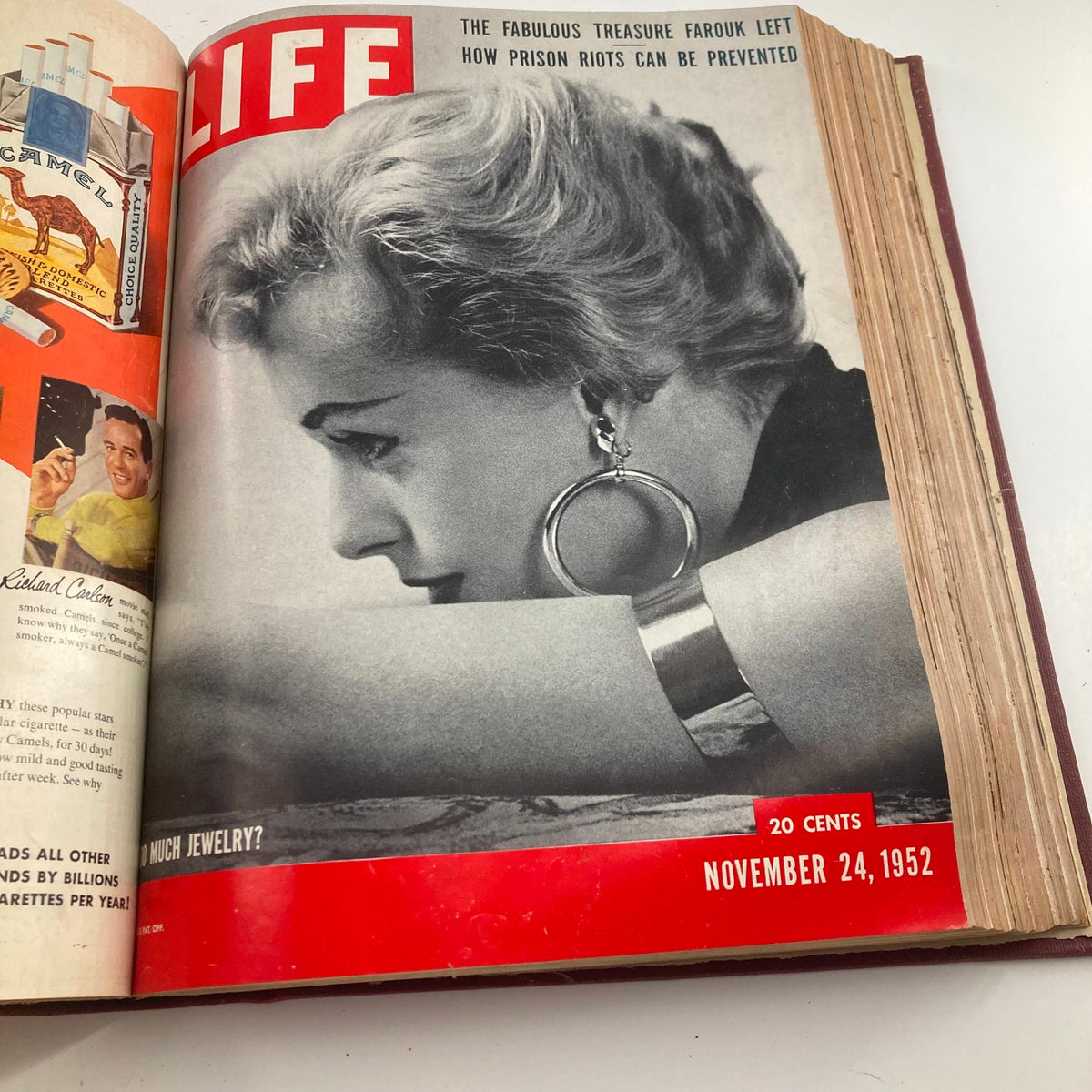 Cover of VTG 1952 Bound Life Magazine featuring an elegant woman with large hoop earrings, associated with the November 24, 1952 issue discussing contemporary jewelry.