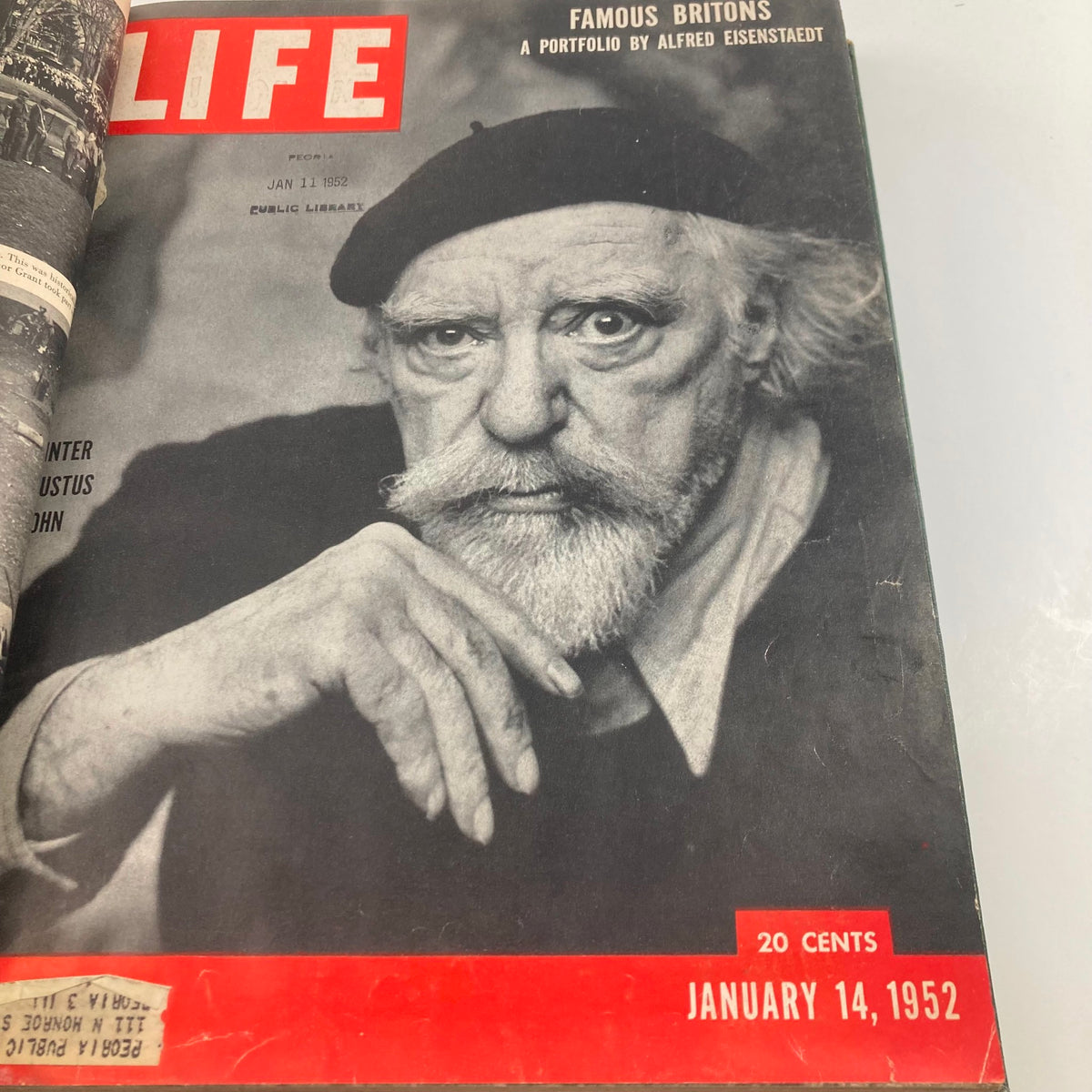 Cover of VTG 1952 Bound Life Magazine January 14 featuring painter Augustus John, showcasing a black and white portrait with the date prominently displayed.