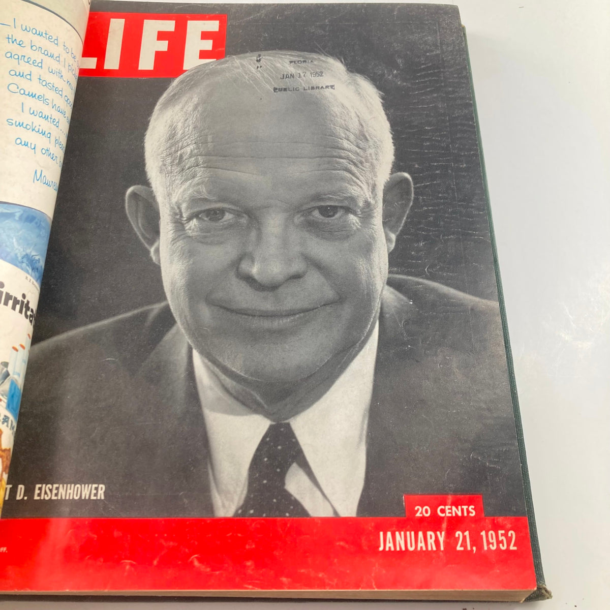 Cover of VTG 1952 Bound Life Magazine January 21 featuring Dwight D. Eisenhower, featuring a close-up portrait in black and white.