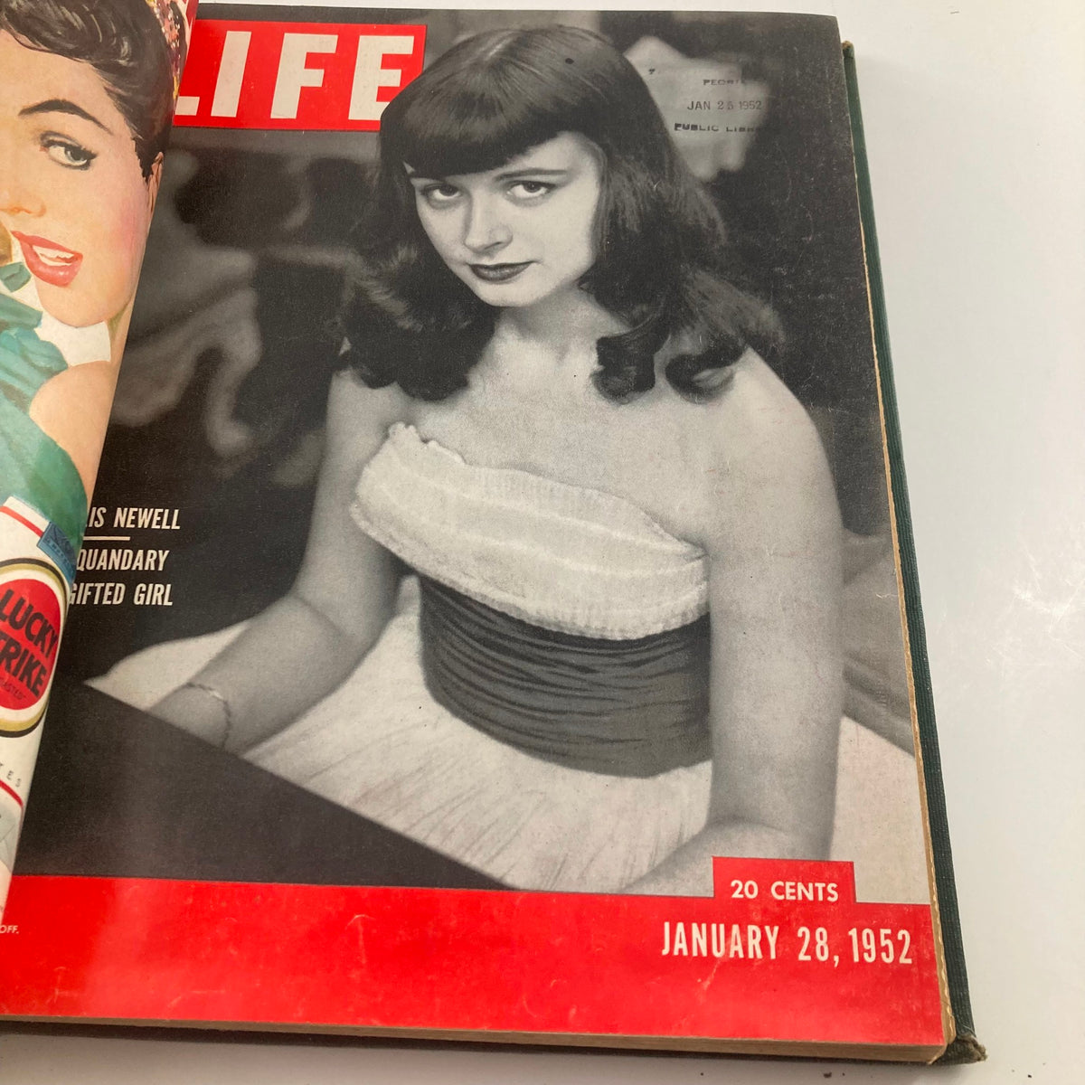 Cover of VTG 1952 Bound Life Magazine January 28 displaying a portrait of Phyllis Newell, highlighting a fashionable young woman in a black and white photo.