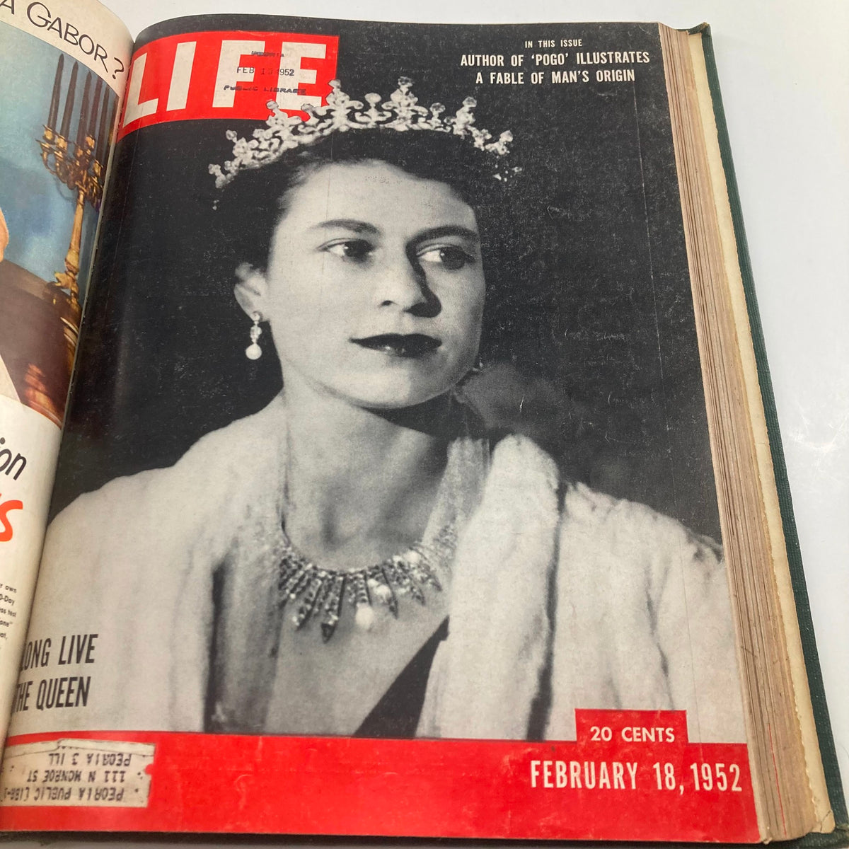 Cover of VTG 1952 Bound Life Magazine February 18 featuring Queen Elizabeth II adorned in a tiara, captured in a striking black and white portrait.