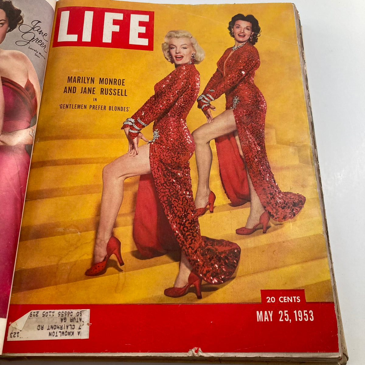 Vintage 1953 Bound LIFE Magazine cover displaying Marilyn Monroe and Jane Russell in red sequined gowns, featured in the May 25, 1953 issue.