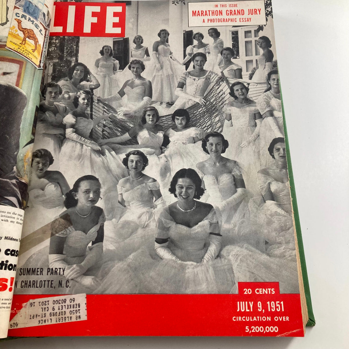 Interior page of the Vintage 1951 Bound Life Magazine showcasing a summer party in Charlotte, N.C., from July 9, 1951.