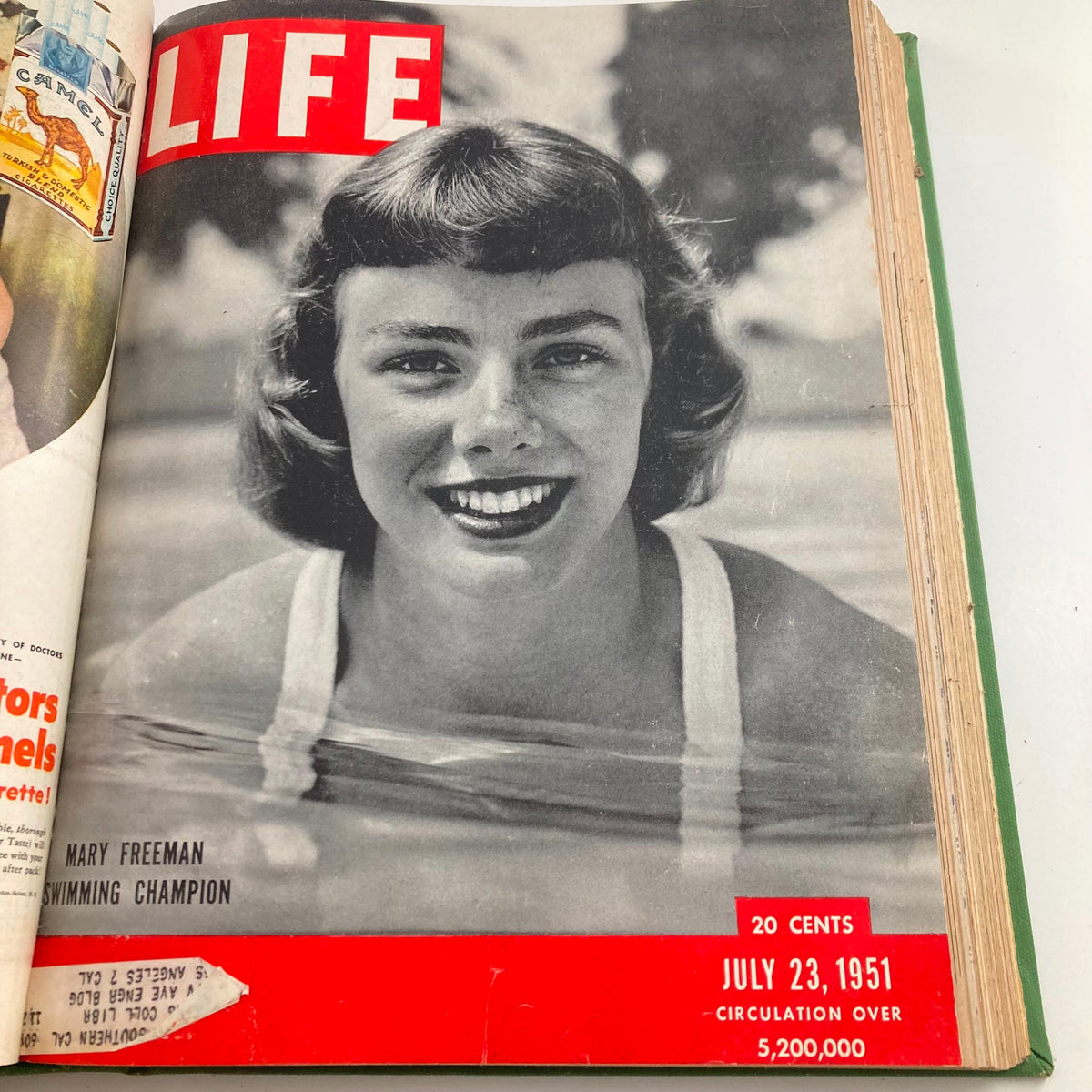 Cover of VTG 1951 Bound Life Magazine showcasing Mary Freeman, a swimming champion, from July 23, 1951.