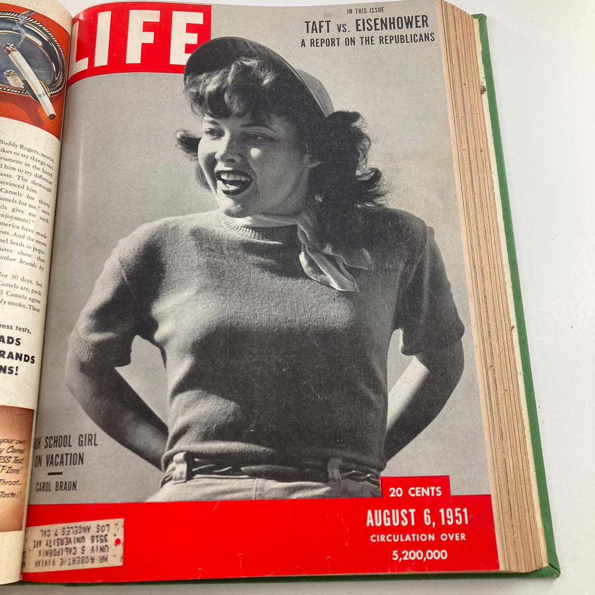 Cover of VTG 1951 Bound Life Magazine highlighting Carol Braun, a school girl on vacation, from August 6, 1951.