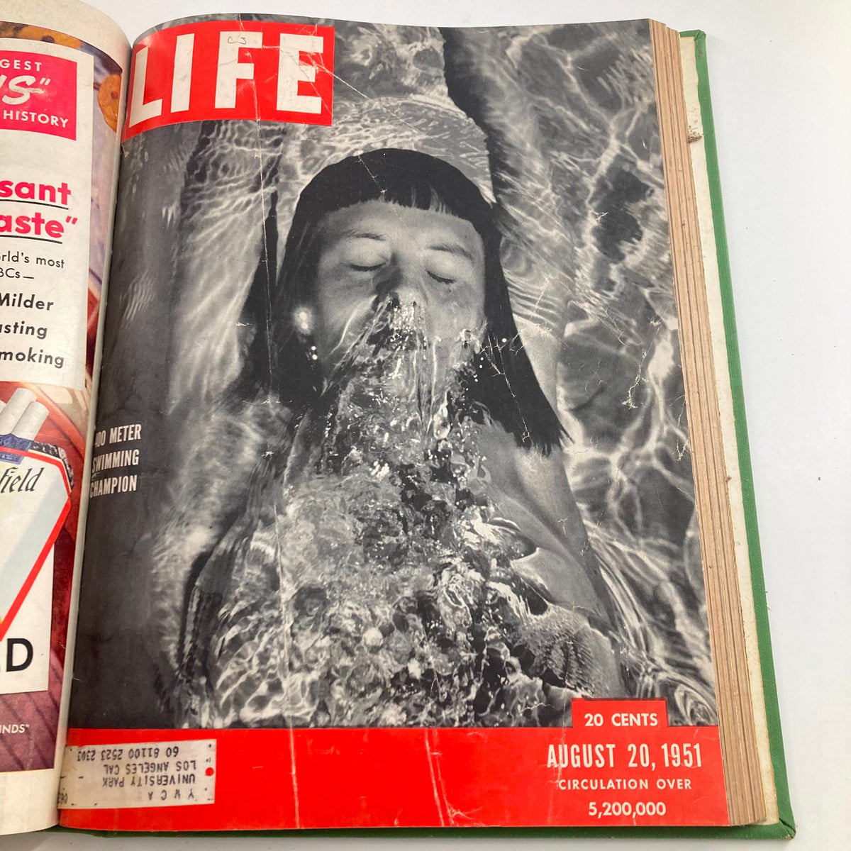 Cover of VTG 1951 Bound Life Magazine depicting a 100-meter swimming champion, from August 20, 1951.