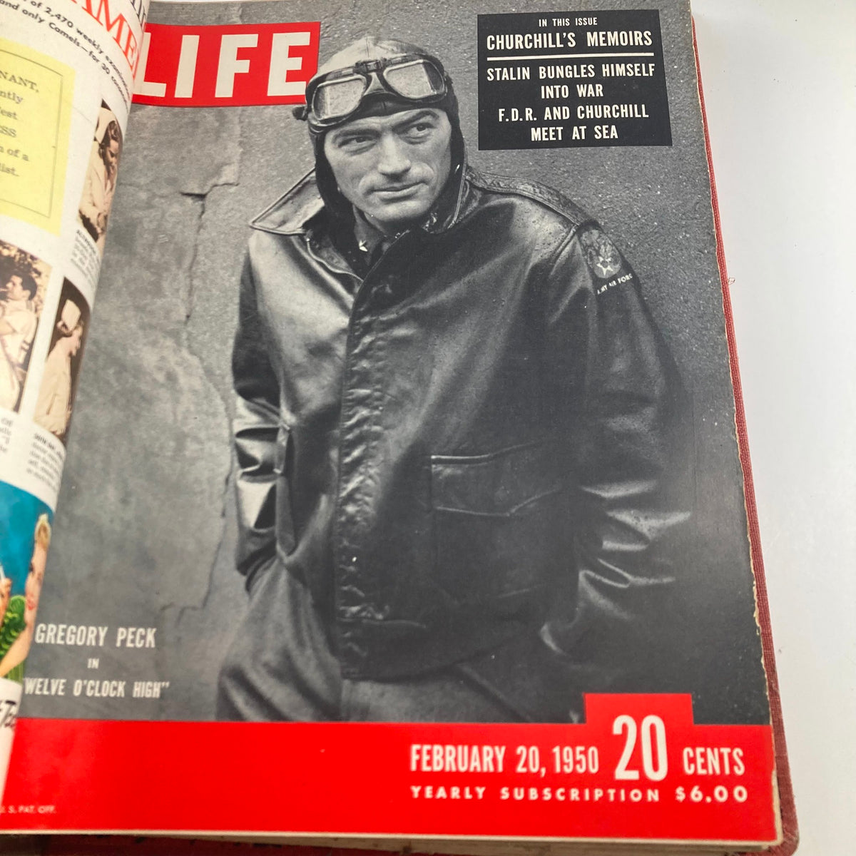 Vintage 1950 LIFE Magazine cover featuring actor Gregory Peck in a pilot's attire, dated February 20, 1950, representing Hollywood's influence.