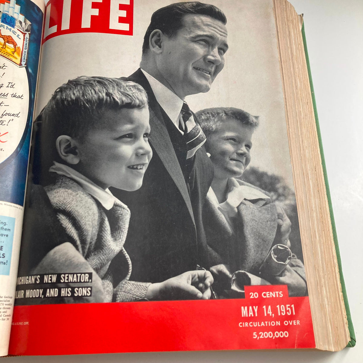 Cover of VTG 1951 Bound Life Magazine from May 14, featuring Michigan Senator Blair Moody with his sons, capturing a family moment.