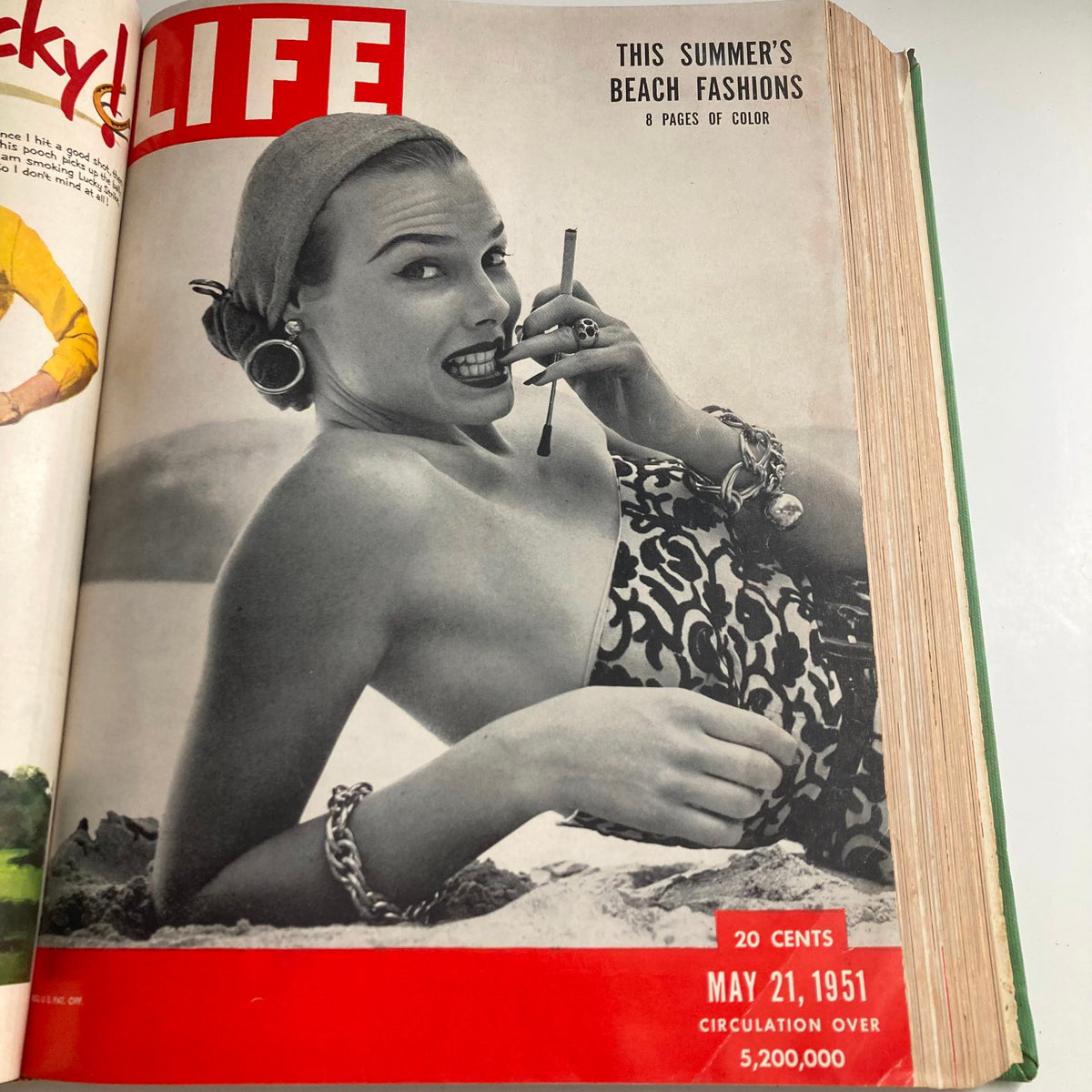 Cover of VTG 1951 Bound Life Magazine from May 21, featuring a model in beach fashion, representing summer trends.